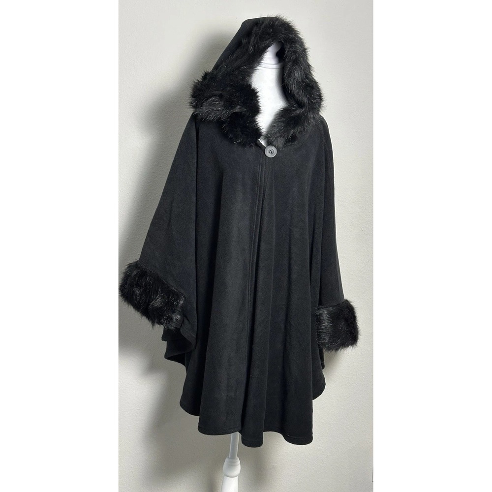 Womens Black Hooded Cape Poncho Faux Fur Trim Winter Coat Wrap One Size NWT